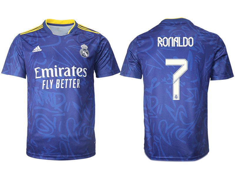 Real Madrid Herren Auswärtstrikot 2022 blau/weiß mit Aufdruck Ronaldo 7