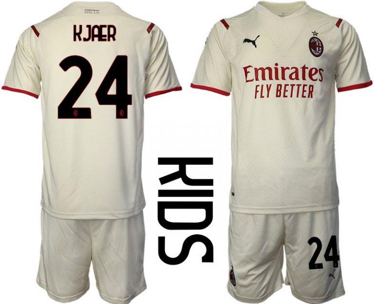AC Mailand Auswärtstrikot 2022 Beige Rot für Kinder mit Aufdruck KJAER 24