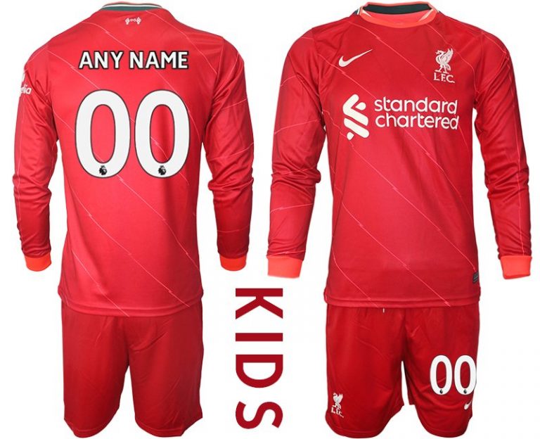 Personalisierbar FC Liverpool Heimtrikot 2021/22 Trikotsatz Langarm in rot für Kinder-1