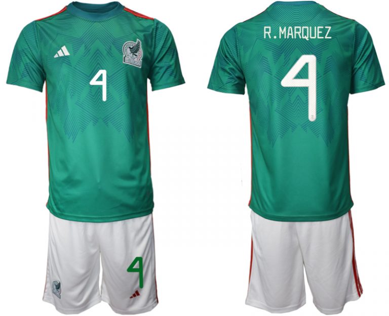 Mexiko Trikots 2022 Heimtrikot Trikotsatz Grün Kurzarm + Weiß Kurze Hosen R.MARQUEZ #4