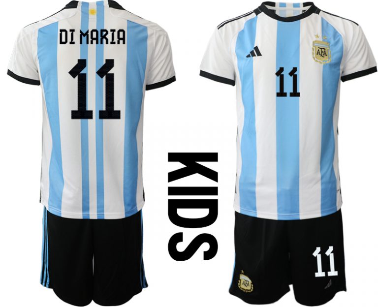 Kinder Heimtrikot Argentinien WM 2022 weiss blau Kurzarm + Kurze Hosen DI MARIA 11