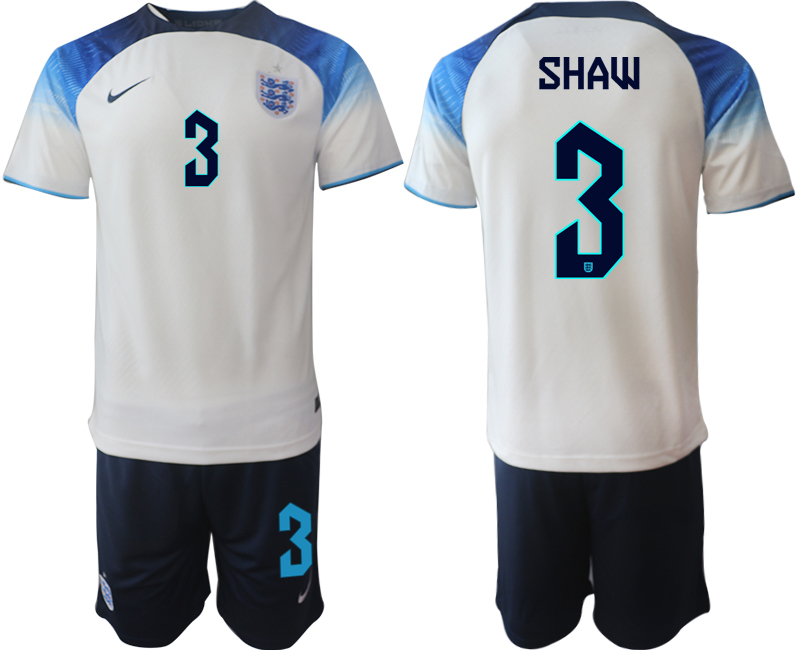 SHAW #3 Herren England Fußball-WM 2022 Heimtrikot weiß blau Kurzarm + Kurze Hosen