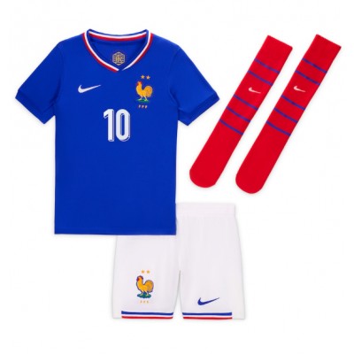 Kinder Frankreich Trikot EM 2024 Heimtrikot blau Kurzarm + weiß Kurze Hosen Kylian Mbappe 10-1
